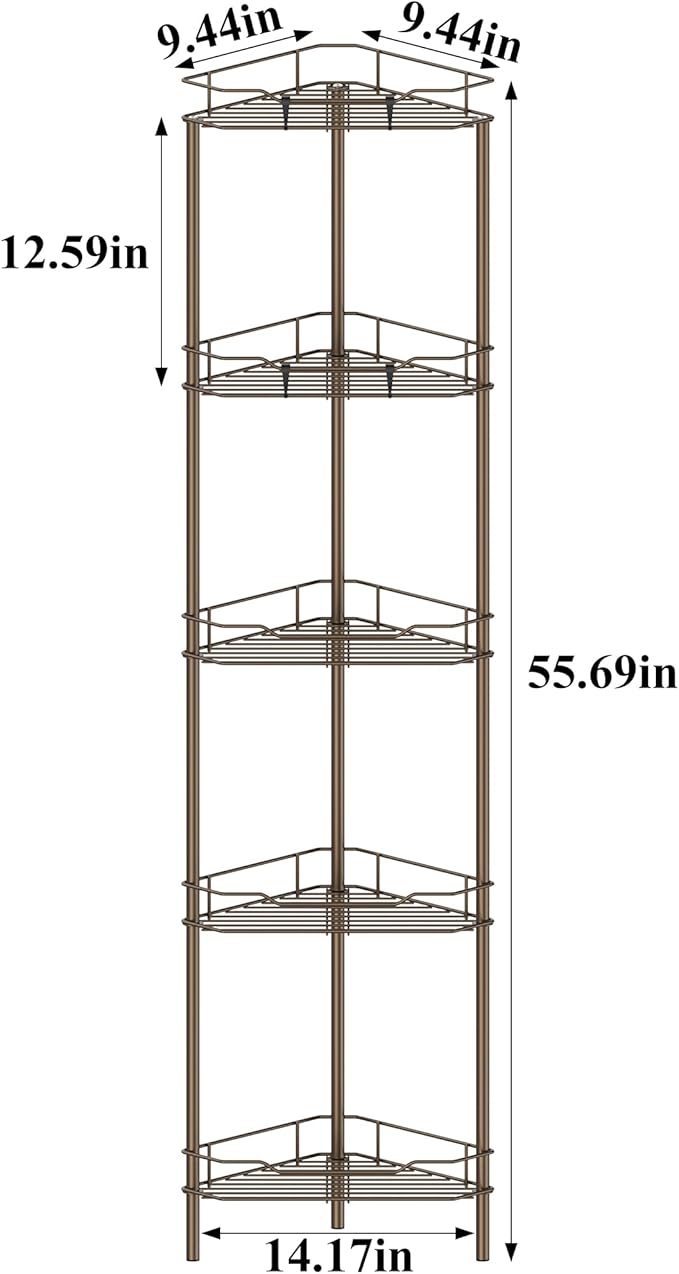 HuggieGems 5 Tier Floor Standing Corner Shower Caddy Organizer Shelf with Hooks, Bathroom Shelves Stand Rack, Bronze