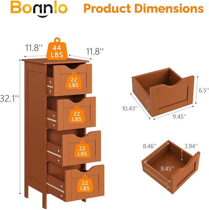 Bonnlo Skinny Bathroom Floor Storage Cabinet,White 12 Inch Wide Deep Small Storage Organizer with 4 Drawers, Brown Wooden Modern Thin Free Standing Tower Cabinet for Bathroom, Living Room
