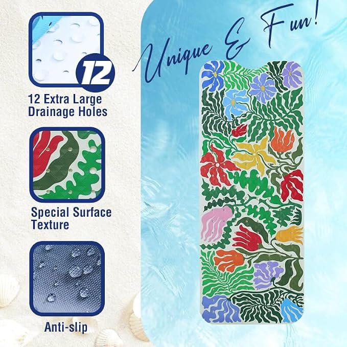 Plant Bathtub Mat Non Slip for Kids 40x16in Extra Long Floral Anti Slip Bath Mat for Tub Abstract Botanical Rustic Shower Mat with Large Drain Holes Suction Cups Flowers Leaves Design Bathroom Decor