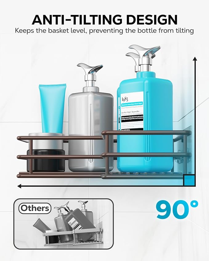 Nieifi Adhesive Corner Shower Caddy Shelf Basket Rack with Hooks, Rust Proof Stainless Steel Bathroom Shelf Shampoo Holder No Drilling (Brown)