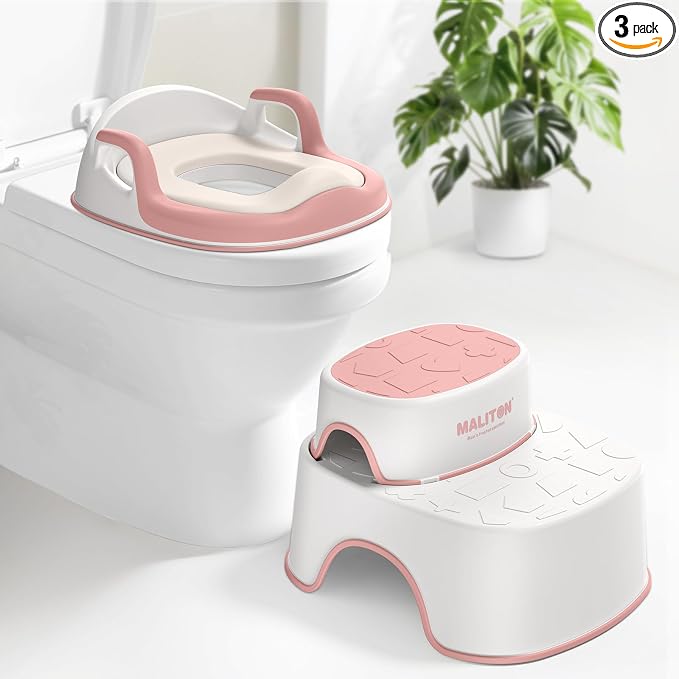 Potty Training Seat with Step Stools, Maliton Potty Training Toilet for Toddlers Girls with Splash Guard, Anti-Slip Toddler Stool for Bathroom, One Potty Seat and 2 in 1 Step Stool for Kids (Pink)