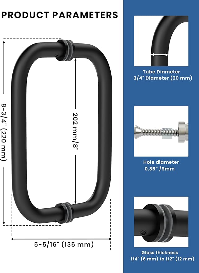 Shower Door Handle, 8 Inch Hole Centers (CTC), 304 Stainless Steel Back-to-Back Glass Door Pull Replacement Hardware for Frameless Sliding Bathroom Doors, Heavy Duty Tubular Grip, Matte Black