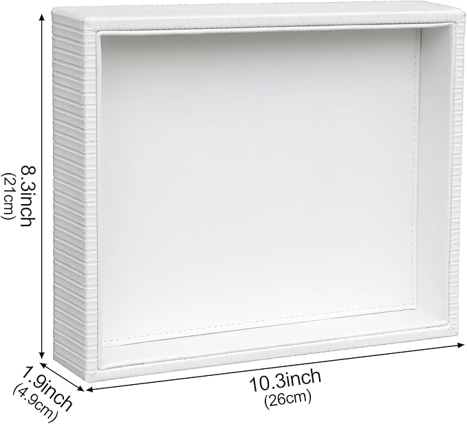 HofferRuffer Faux Leather Vanity Tray, Elegant Desktop Storage Organizer, Decorative Catchall for Perfume, Bathroom Valet, Nightstand or Dresser, 10.2 x 8.4 x 1.8 inches (White Stripe)