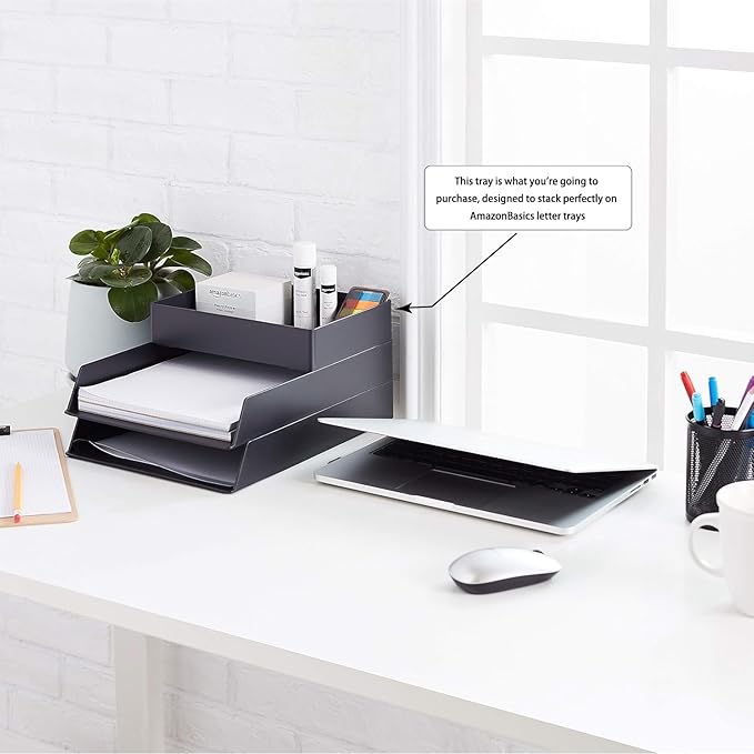 Amazon Basics Rectangular Plastic Desk Organizer with Storage Trays, Accessory Tray for Office Supplies and Pen Holder, 9.4 x 6.7 x 2 inch, Black