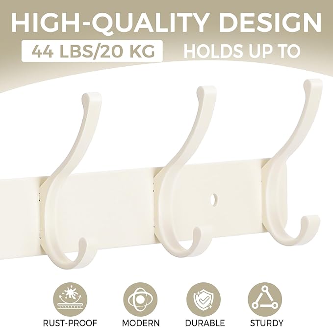 Dntorx Coat Rack Wall Mount, 2 Pack Coat Hooks Hanger Wall Double Hook Rack Rail Towel Hat Rack Entryway Bathroom Hanger Organizer for Robes, Clothes, Bags, Hat(White)