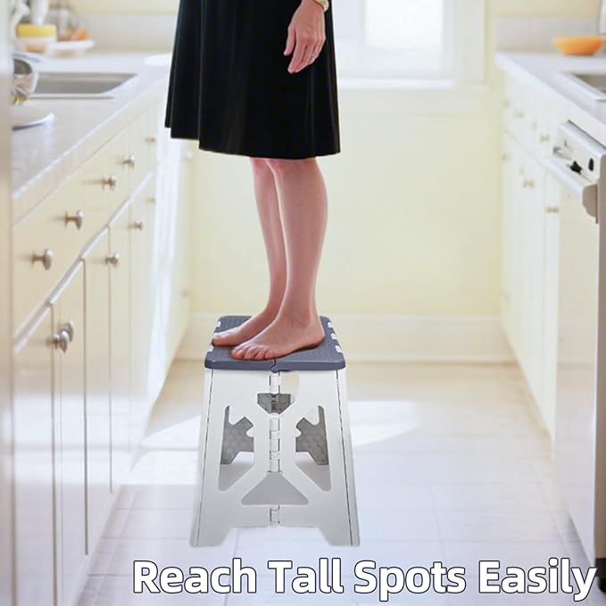 Foldable Step Stool (1 Pack), 12.9” Tall up to 300 lb Sturdy Plastic Folding Step Stool for Adults Kitchen Bathroom, Portable Small Stool Travel Foot Stool, Folding Stool for Home & Outdoor Use Gray
