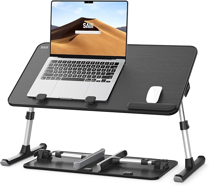 Desk, Table, SAIJI Adjustable Laptop Stand, Breakfast Tray, 5 Heights, 4 Angles, Stable Folding Table for Bed Sofa Desk, Suitable for Laptops up to 17 Inches (60 x 33 cm Black)