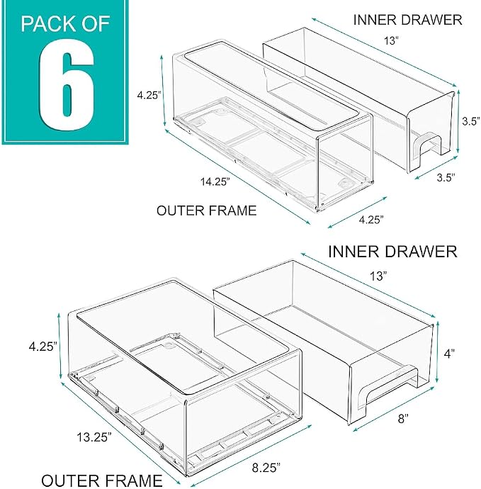 Sorbus 2 Medium & 4 Small Clear Stackable Storage Drawers – Plastic Organizer Bins with Handles – Stackable Pull-Out Storage Drawers for Closet, Pantry, Office, Bathroom, Craft, and Toy Organization