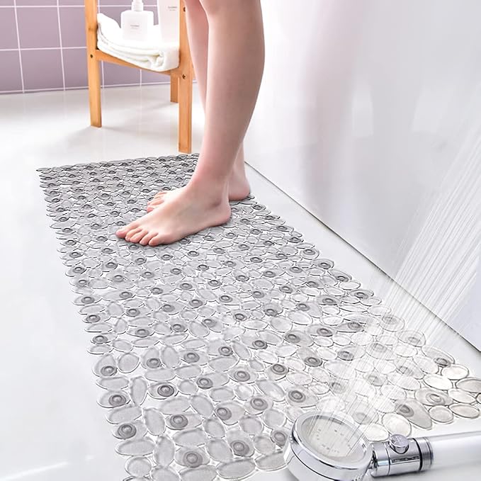 SONGZIMING Bathtub Mat Non Slip Pebble Bath Shower Mat with Drain Holes, Suction Cups Mat for Tub 16" W x 35" L, Clear Grey