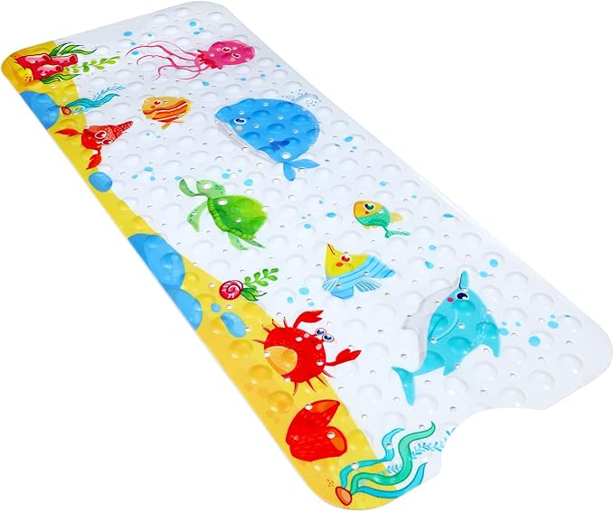 Bath Mat for Tub Non Slip, Machine Washable Anti Slip Cartoon Baby Bathtub Shower Mat with Drain Holes and Suction Cups for Toddler & Kids, 40 Inch x 16 Inch-Rectangular, Little Whale