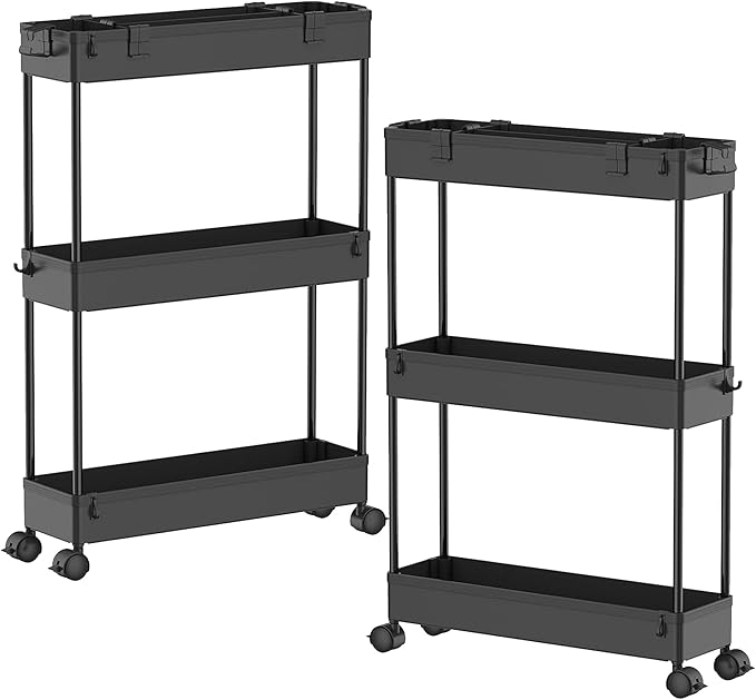 SPACELEAD 2-piece Set Slim Storage Cart 3 Tier,Bathroom Organizer Rolling Utility,Mobile Shelving Unit Slide Out for Office, Kitchen, Laundry Room & Narrow Places