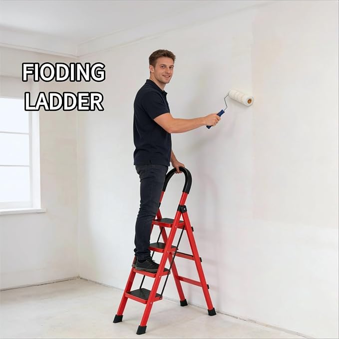 4 Step Folding Ladder, Portable and Compact, Anti-Slip Multi-Use Household Step Ladder for Home, Kitchen, Office, and Garage – Easy Storage, Sturdy and Durable