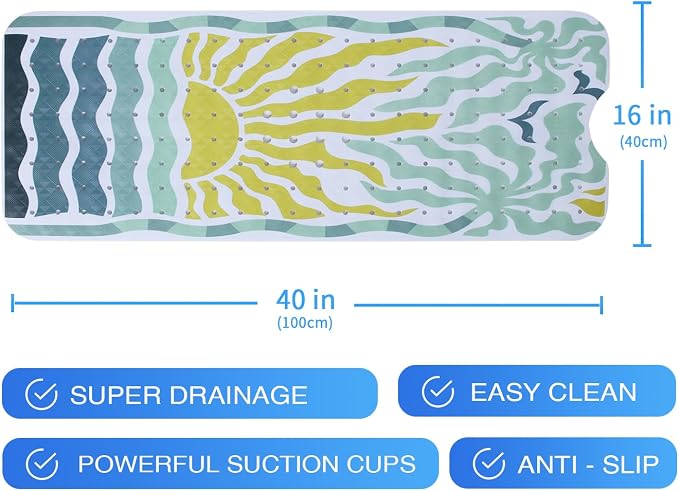 Non Slip Bathtub Mat for Kids Extra Long Anti Slip Bath Mat for Tub Abstract Art Sun Bath Shower Mat with Large Drain Holes and Suction Cups Quality Tropical Palm Tree Design Bathroom Decor 40x16in
