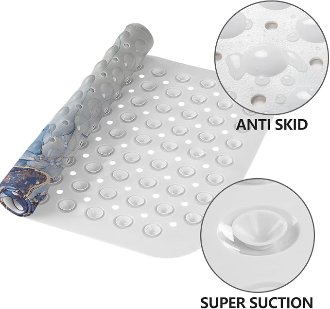 LNOND Marble Bath Tub Mat Non Slip, Extra Long 40 X 16 Inch Anti Slip Mat for Bathtub, White Blue Gold Marble Shower Mat with Drain Holes and Suction Cups, Machine Washable