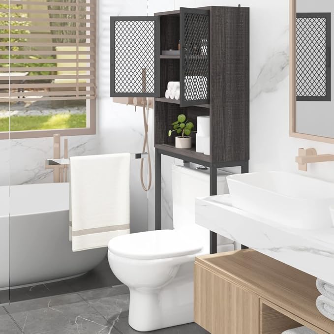 Launica Over the Toilet Storage Cabinet, Over Toilet Bathroom Organizer with Mesh Doors and Shelves, Freestanding Bathroom Storage Cabinet Above Toilet, Wood and Metal, Dark Gray Oak