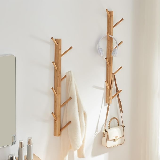 TIOPGHAD 2 Pack Coat Rack Vertical Wall Mount, Bamboo Coats Hooks Clothes Holder Hanger for Wall Coat Hat Jacket Clothing Bathroom Robes Mudroom Entryway(Natural)