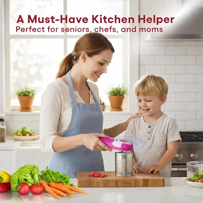 Electric Can Opener, One-Touch Automatic Smooth Edge Can Opener for All Can Sizes, Battery Operated Hands-Free Kitchen Gadget for Seniors with Arthritis (Red)