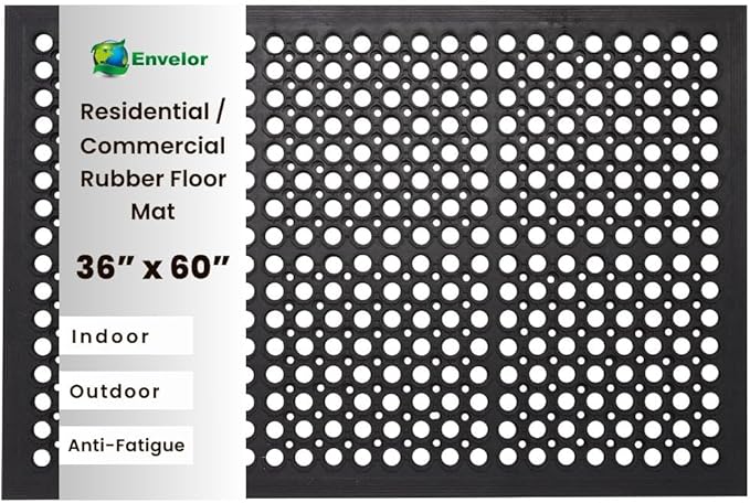 Envelor Anti Fatigue Mats for Kitchen Floor, Rubber Bar Mat, Non Slip Commercial Floor Mat with Drainage Holes, Indoor Outdoor Rubber Mat for Restaurant, Garage, Entryway, Entry Mat 36 x 60 in