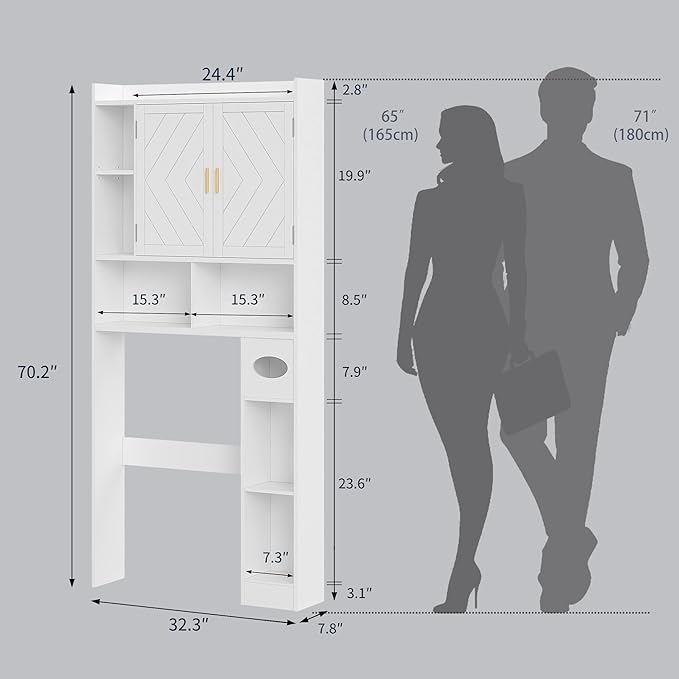 VECELO Over The Toilet Storage Cabinet, Storage Cabinet Over Toilet with Adjustable Shelves & Toilet Paper Holder Stand, Home Space-Saving Toilet Storage, for Bathroom, Restroom, Laundry, White