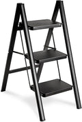 Double Elite Folding 3 Step Ladder, Sturdy 330 Lbs Load Small Step Stool for Adults, Safer Full Steel Multi-use Kitchen Ladder for Home, Closet Step Stool Ladder with Wide Pedals, Black, 3-Step