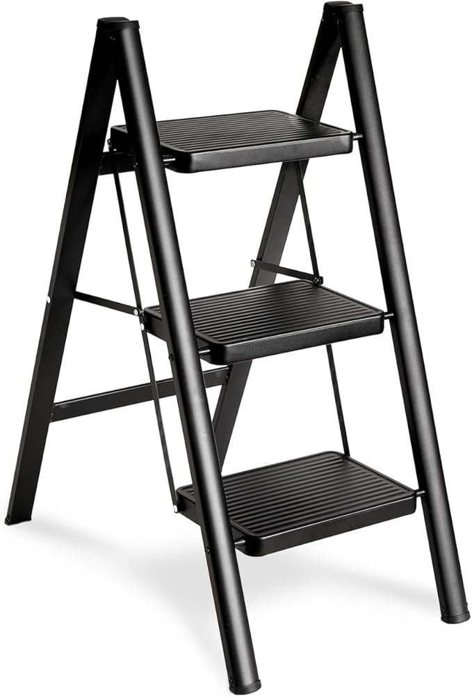 Double Elite Folding 3 Step Ladder, Sturdy 330 Lbs Load Small Step Stool for Adults, Safer Full Steel Multi-use Kitchen Ladder for Home, Closet Step Stool Ladder with Wide Pedals, Black, 3-Step