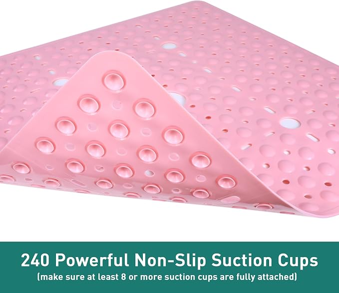 Large Square Shower Mat 27 x 27 Inch Pink, Non Slip Shower Bathtub Mats for Inside Shower with Big Suction Cups Drain Holes, Anti Slip Bathroom Floor Shower Stall Mats, Easy Clean, BPA-Free