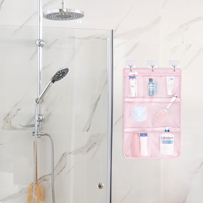 F-color Cruise Essentials 2026 - Mesh Shower Organizer Hanging with 7 Pockets for RV Gym Camping, Quick-Dry Portable Toiletry Bag with Metal Hooks for Bathroom Travel Toiletries, Pink+Pink