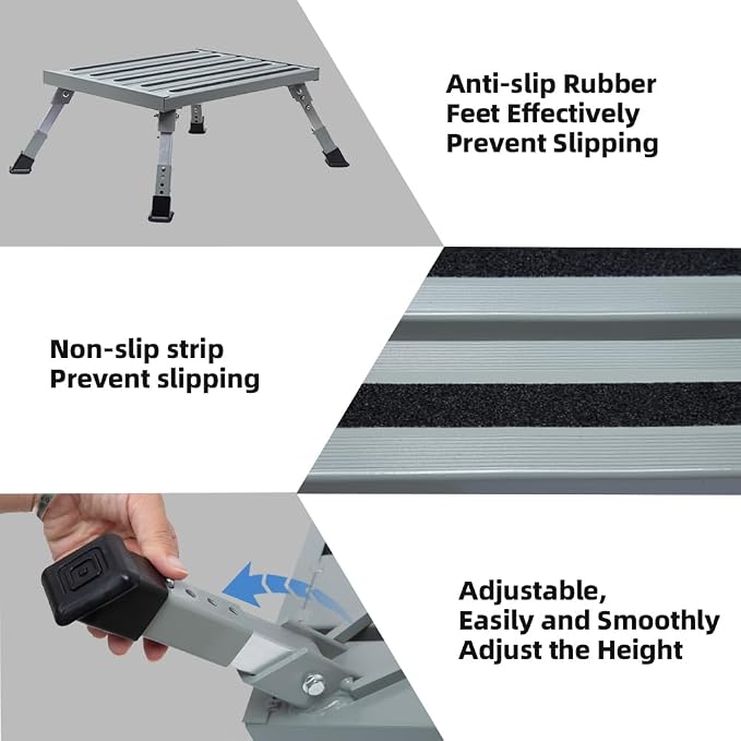 Homeon Wheels Large RV Step Stool, Adjustable Height Aluminum Folding Step Ladder with Non-Slip Rubber Feet, 1500 lbs Capacity, Safety Platform for RV, Trailer, Truck, Outdoor Use, 19" x 14.3"