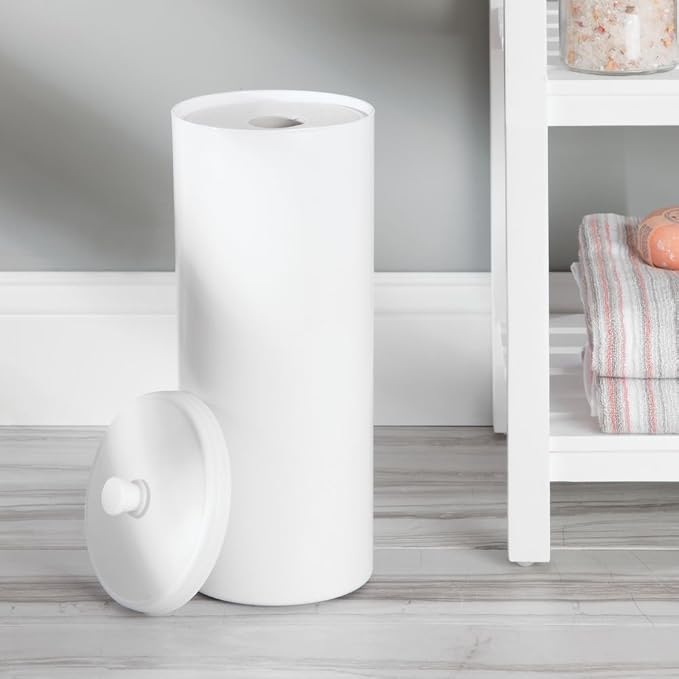 iDesign Freestanding Bathroom Toilet Paper Storage Holder with Lid for 3 Extra Rolls,White,(Pack of 4)