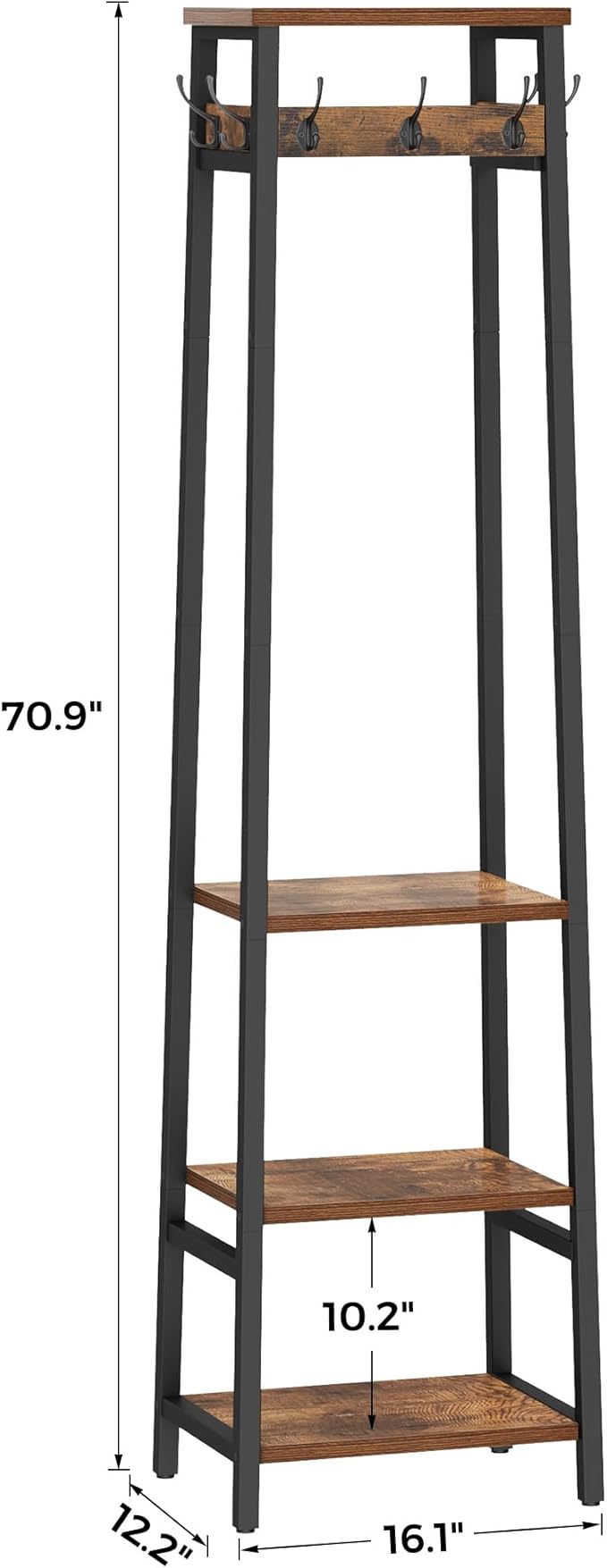 Coat Rack Freestanding, Coat Stand with 3 Shelves and 7 Hooks, Hall Tree Free Standing, Clothes Rack Stand Organizer, Industrial Style, Rustic Brown and Black