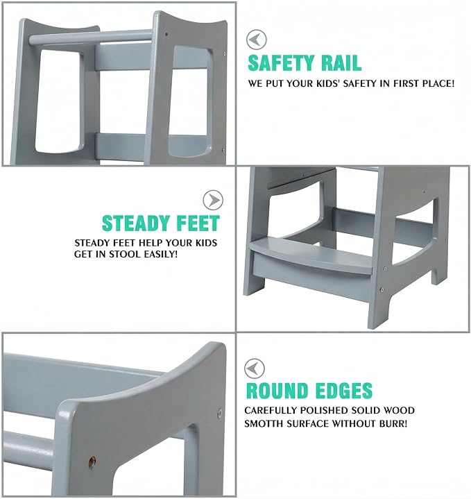 EGREE Modern Gray Wooden Toddler Kitchen Tower Step Stool- 3 Heights Adjustable Montessori Learning Tower Step Up Stool with Safety Rails - Kids Kitchen Helper Stand for Cooking & Bathroom