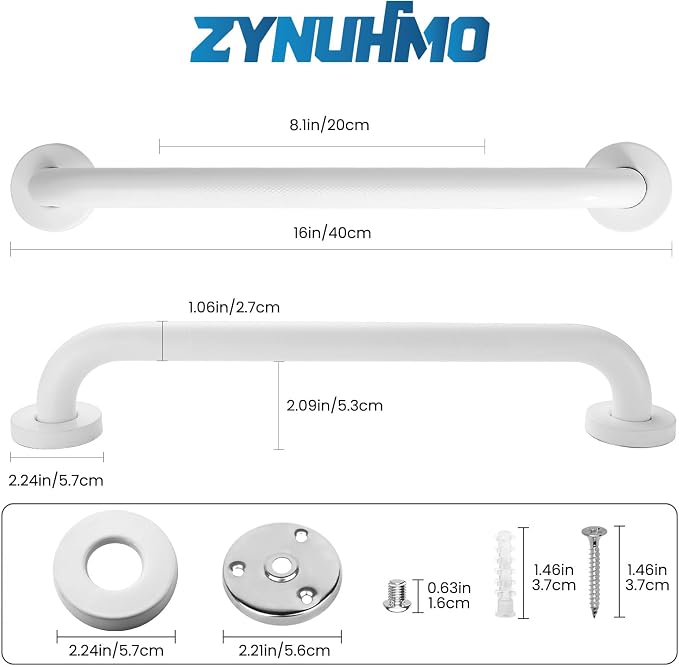 Grab Bars for Shower, Zynuhmo 2 Pack 16 Inch Anti Slip Stainless Steel Bathroom Safety Shower Grab Bar Handrails for Handicap Injury Pregnant Senior Assist Shower Handles(Matte White, 1" Diameter)