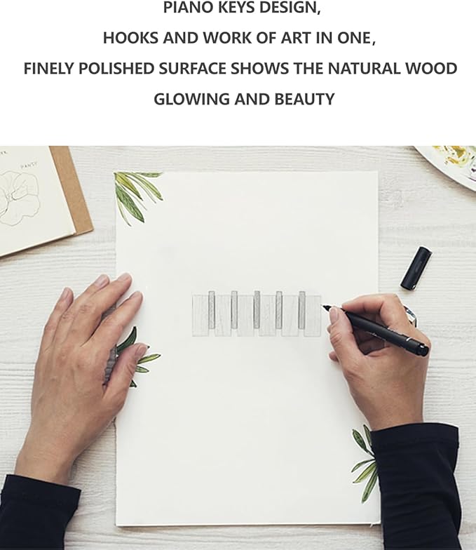 Wood Coat Rack Wall Mount - Large Walnut Piano Coat Rack wtih 5 Hooks for Hanging Clothes,Keys,Robes,Purse,Towels,Modern Decorative Wall hooks Heavy Duty Hanger Organizer for Bathroom/Bedroom/Entryway