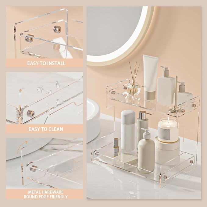 Bathroom Counter Organizer Countertop 2 Tier Storage Acrylic Corner Makeup Organizer for Perfume Stand, Vanity Holder, Dresser Tray, Spice Rack, Skincare, Coffee Bar, Room Decor (Clear)