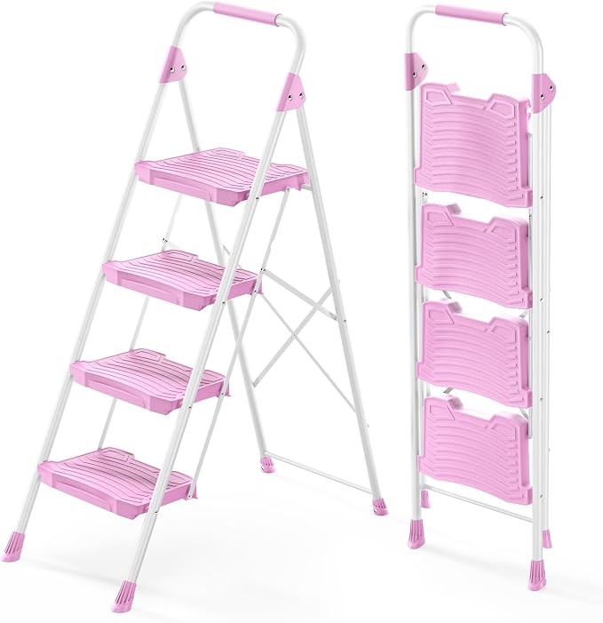 KINGRACK 4 Step Ladder, 900lbs Sturdy Step Stool with Handrail, Anti-Slip Wide Pedals, Foldable Stepladder for Home, Garage, Garden, Household, Pink, Pass 900LBS Testing