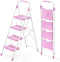 KINGRACK 4 Step Ladder, 900lbs Sturdy Step Stool with Handrail, Anti-Slip Wide Pedals, Foldable Stepladder for Home, Garage, Garden, Household, Pink, Pass 900LBS Testing