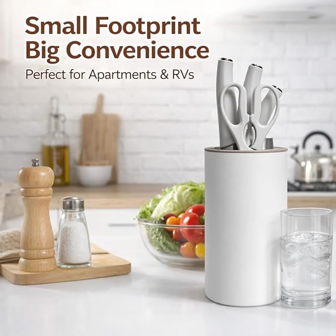Small Knife Block Set, Modern Kitchen Knife Scissors with Universal Round Holder, Home Apartment New Kitchen Essentials, Space Saving, Keep Blade Dry(Beige White, 5PCS)