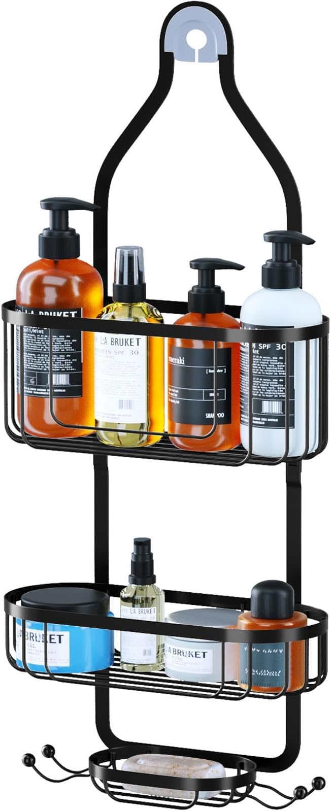 Shower Caddy Hanging, Bathroom Shower Rack, Bathroom Organizer with Soap Dish, Over The Showerhead Caddy with Hooks for Razor/Sponge, Black