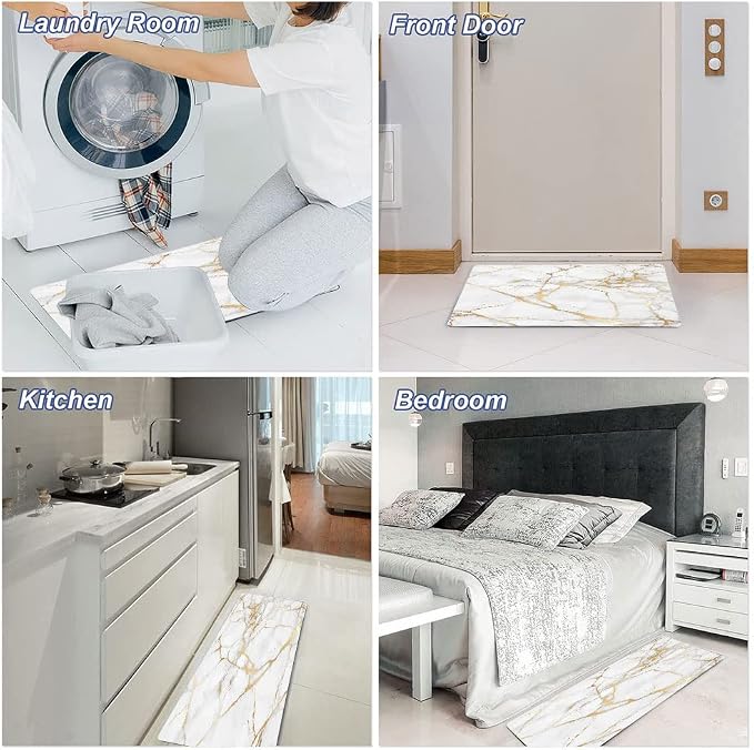 Mrcrypos White Gold Marble Small Kitchen Mat for Floor PVC Leather Kitchen Rug Waterproof Cushioned Anti Fatigue Comfort Mat Non Slip Standing Mat Laundry Kitchen Accessories 17"x29" Luxury Marble