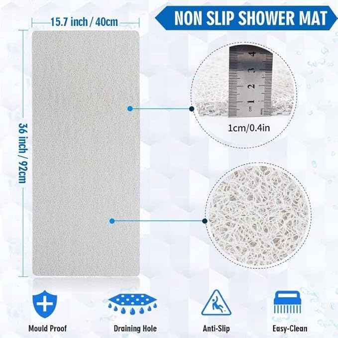 godehone Shower Mats Non Slip Without Suction Cups, PVC Loofah Bathroom Mats, Loofah Mats for Shower and Bathroom, Quick Drying, 15.7× 36 Inch, White
