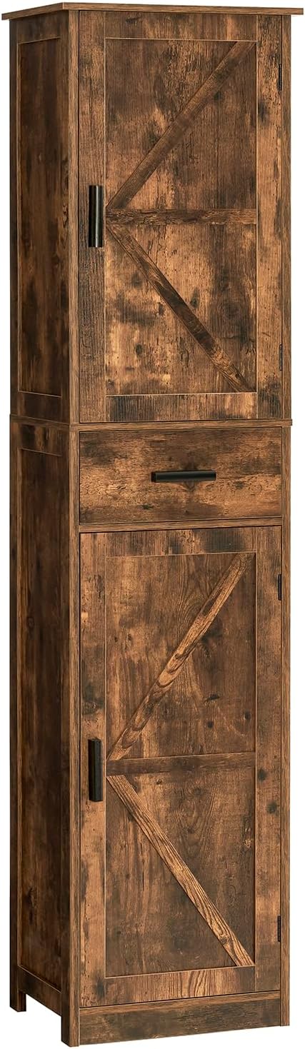 TEENFON Tall Bathroom Cabinet, Storage Cabinet with 6 Shelves & Drawer, Bathroom Storage Cabinet with Adjustable Shelves, Tall Cabinet for Living Room, Home Office, Brown