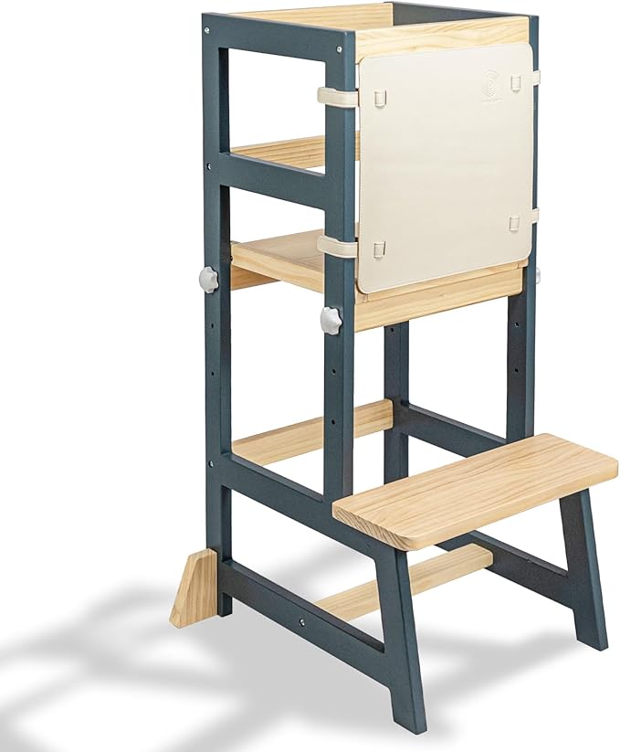 Kitchen Step Stool for Toddlers with Non-Slip Mat, WOOD CITY Wooden Kids Montessori Learning Stool Tower, Toddler Standing Tower Helper for Kitchen Counter and Bathroom Sink (Deep-Blue-Adjustable)