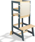 Kitchen Step Stool for Toddlers with Non-Slip Mat, WOOD CITY Wooden Kids Montessori Learning Stool Tower, Toddler Standing Tower Helper for Kitchen Counter and Bathroom Sink (Deep-Blue-Adjustable)