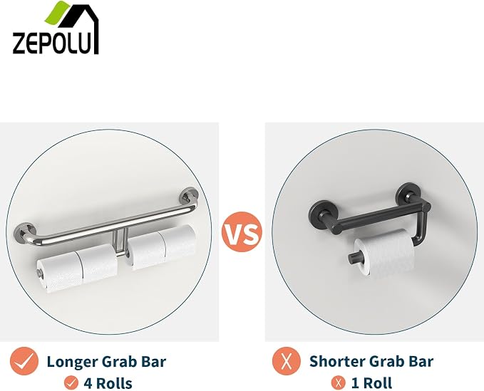 Chrome Double Toilet Paper Holder w/Safety Bar 24 inch, Zepolu 2-in-1 Assist Bar Balanced Support Handle, Stainless Steel Handrail Wall Mounted Bathroom Toilet Grab Bar for Senior Elderly Handicap