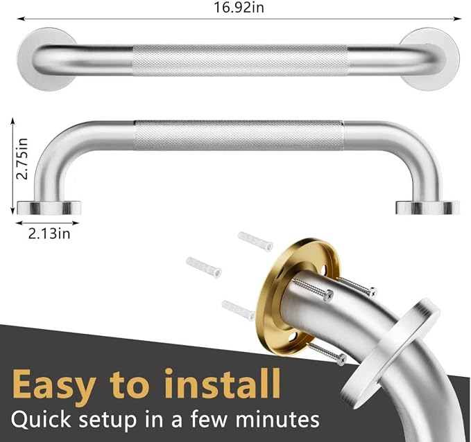 16" Brushed Nickel Bathroom Non-Slip Grab Bar, Stainless Steel Knurled Wall Hanging Safety Pole, Elderly Tub Shower Load-Bearing Balance Handle