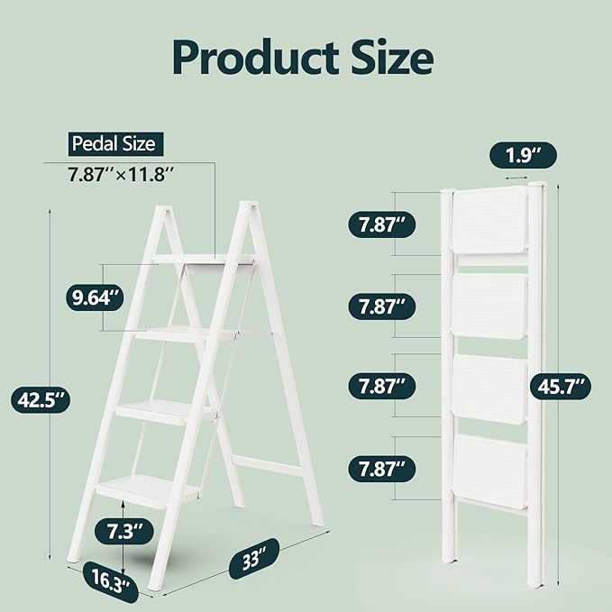 WOA WOA Step Ladder for Home, Foldable Step Stool for Kitchen with Non-Slip Pedals, Sturdy Ladders Supports up to 330 lbs, Compact and Portable - 4 Step/White
