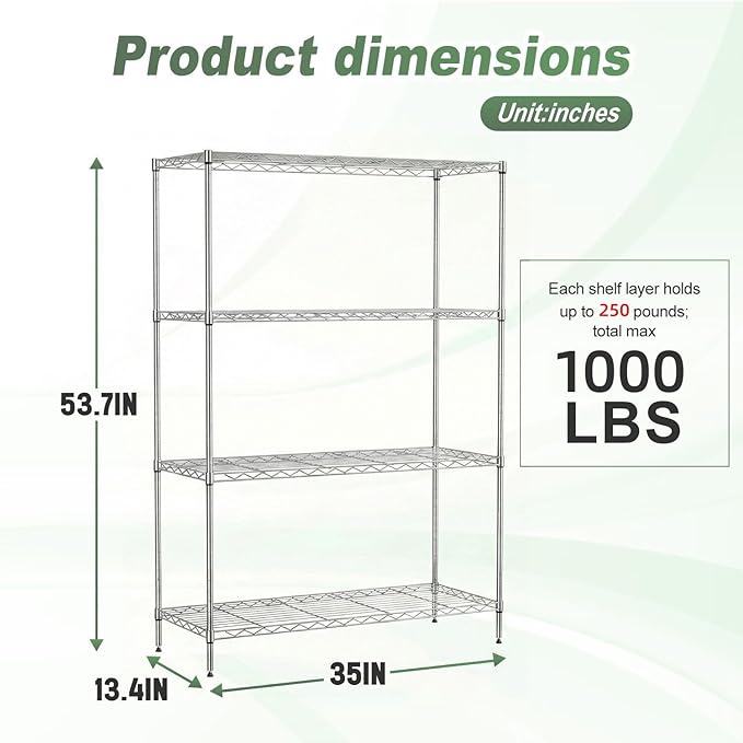 BestOffice 4-Tier Wire Shelving Unit, 1000 LBS Heavy Duty Metal Storage Shelves, Adjustable Wire Shelf for Garage, Kitchen, Pantry, Utility Shelving Rack with Leveling Feet, Chrome