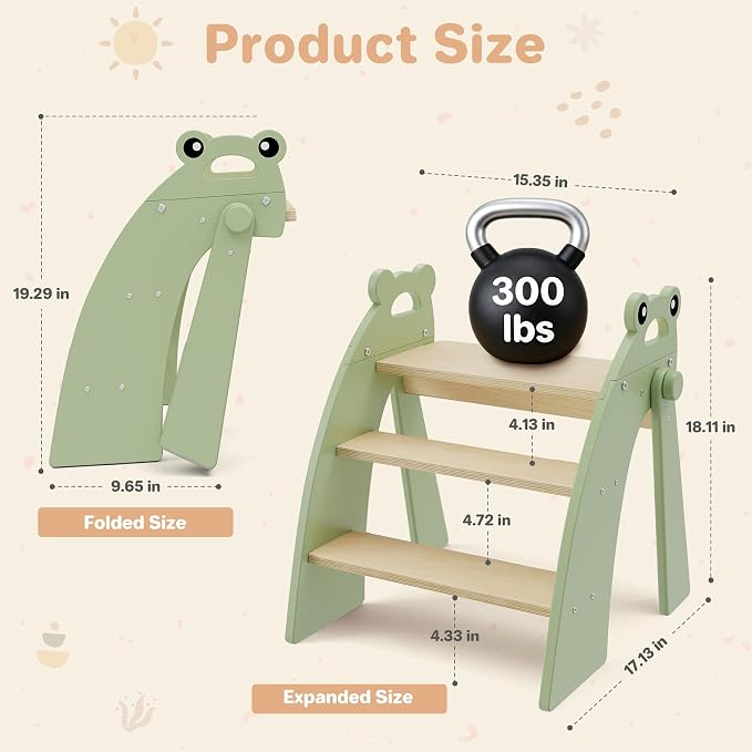 Wooden Step Stool for Toddlers, 3 Foldable Step Stool for Kids Bathroom Sink & Potty Training, Bamboo Toddler Stool with Green Frog Handles and Non-Slip Pads for Bedroom, Kitchen Helper