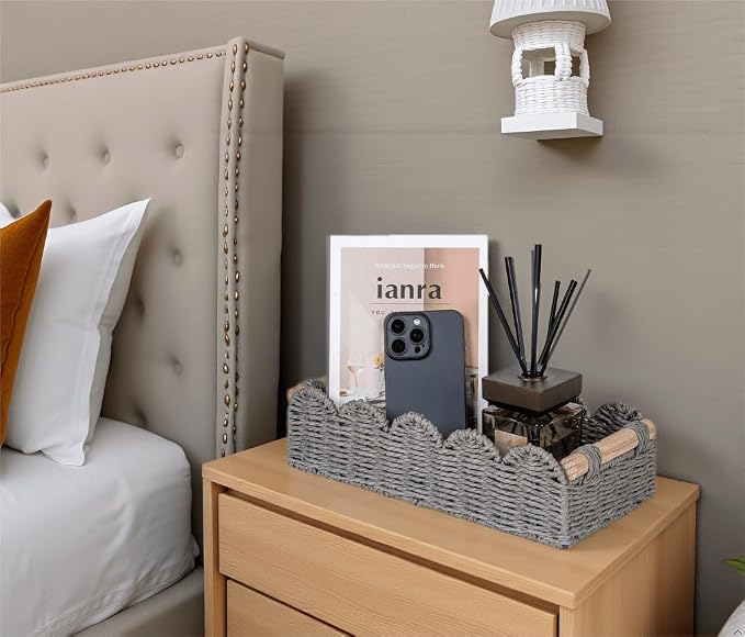 CubesLand Toilet Paper Storage Basket, Scalloped Edge Shelves Basket for Organizing for Over Toilet Tank Storage, Home Decor Baskets for Shelf, Countertop, Living Room, Bedroom, Handwoven, Grey