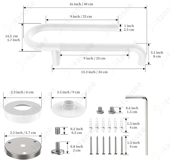 𝐔𝐩𝐠𝐫𝐚𝐝𝐞𝐝 Toilet Grab Bars 16 Inch - Toilet Paper Holder Grab Bar Stainless Steel Knurled Toilet Grab Bars for Seniors Bathtub Bathroom Rails for Elderly Bath Safety Balance Support, White